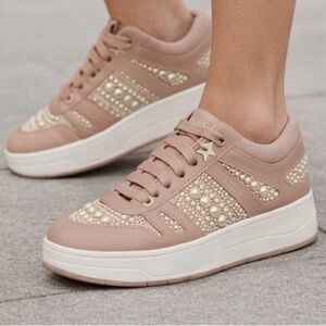 Jimmy Choo Hawaii Pearl Sneakers Nude Blush Size 37 Designer Luxury